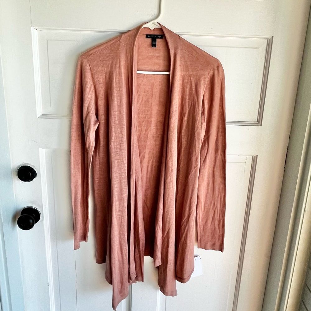 New Eileen Fisher, silk linen, long sleeve, shawl cardigan in salmon pink